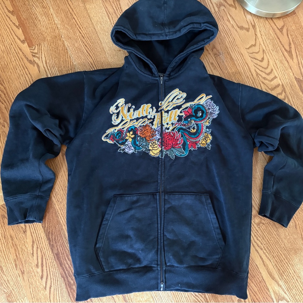 Black Ninth Hall heavyweight zip up hoodie with y2k embroidered graphic XL